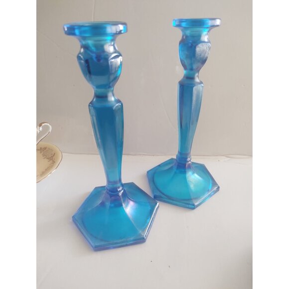 Vintage Fenton Celeste Blue Stretch Glass Candle holders(2) Model 449 - Picture 7 of 14